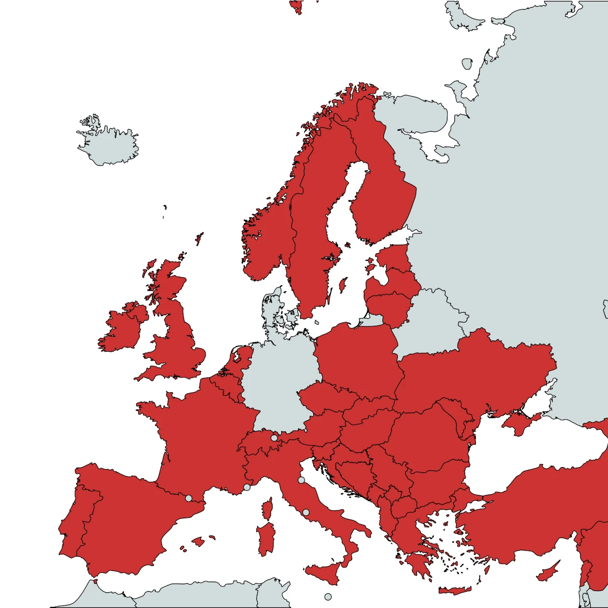 Map of Europe with countries in red and a few in gray, highlighting a contrast between regions. This visual depiction underscores the reliability of Plarad's global distribution network, providing service around the clock