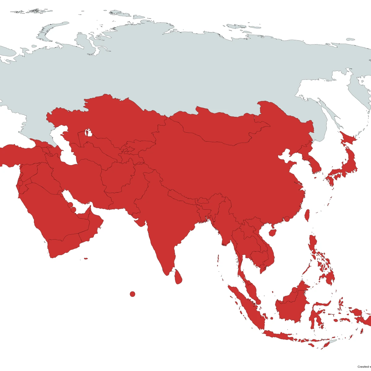 Map of Asia in red, showing country borders on a white background, showcasing Plarad's availability of products and service.