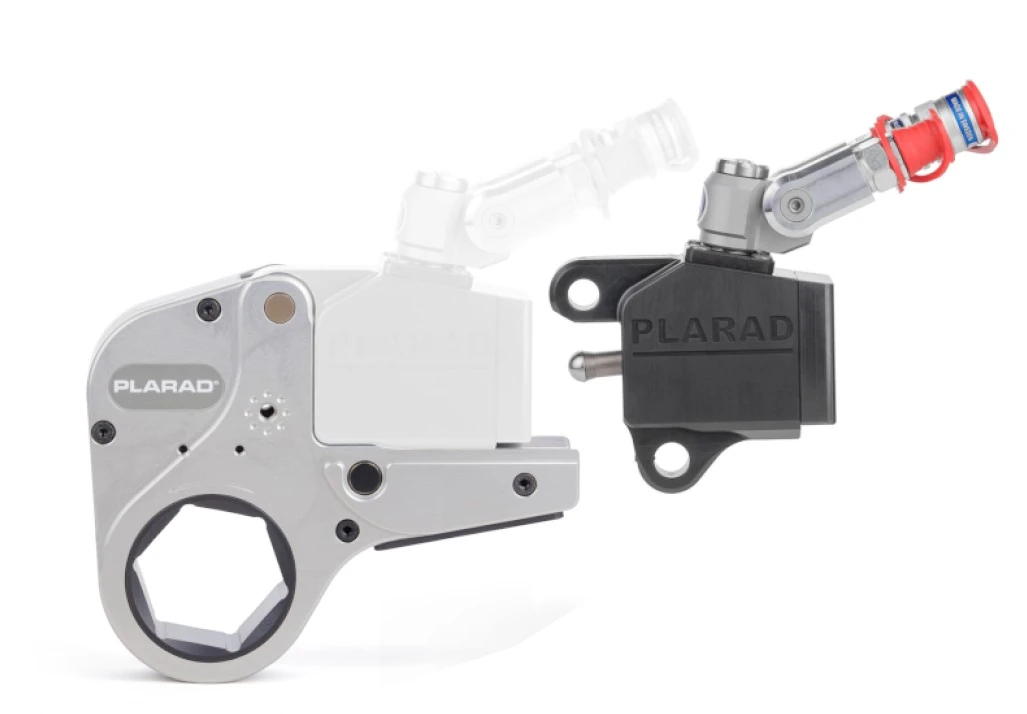 A partially transparent Hydraulischer Flanschschrauber FSX von Plarad with detachable components is shown to illustrate its assembly.