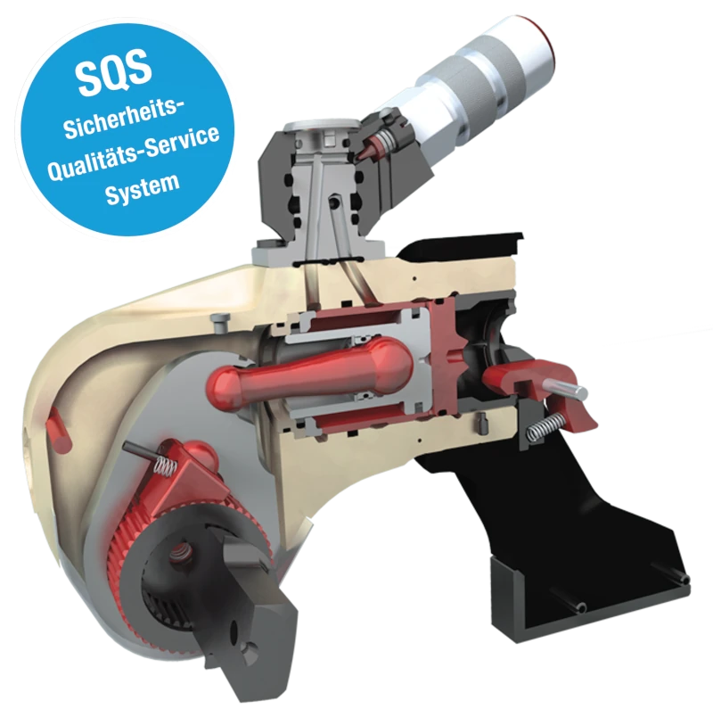 Cross-section diagram of a mechanical device with gears, pistons, and a SQS certification badge in German, featuring a Hydraulischer Vierkantschrauber von Plarad.