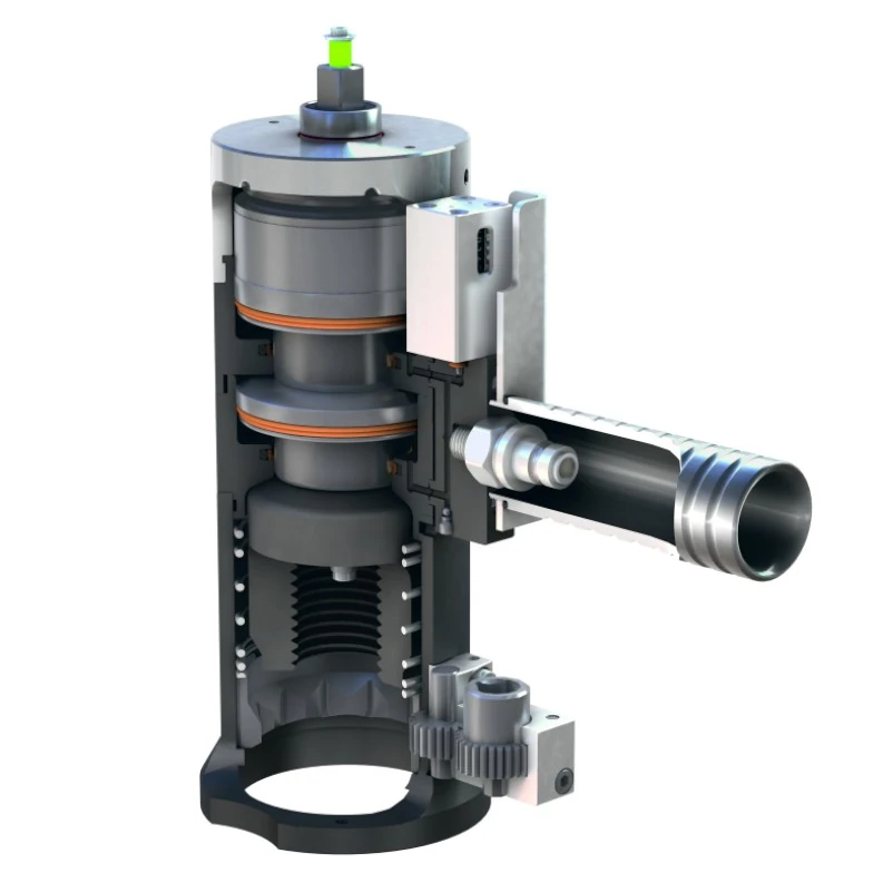 3D cutaway view of a mechanical tensioner showing internal components, cylindrical structure, and featuring Starke mehrstufige Spannzylinder von Plarad for enhanced performance.