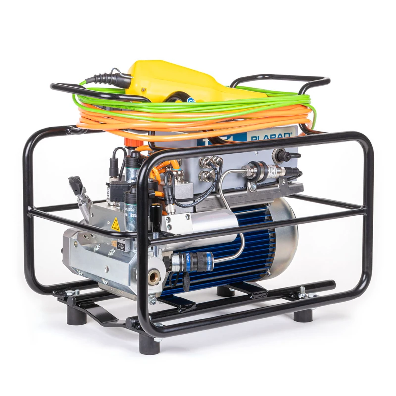 Portable air compressor with protective frame, coiled hoses, and visible control components—ideal for use with Die Hydraulikpumpe HP für Aggregate von Plarad.