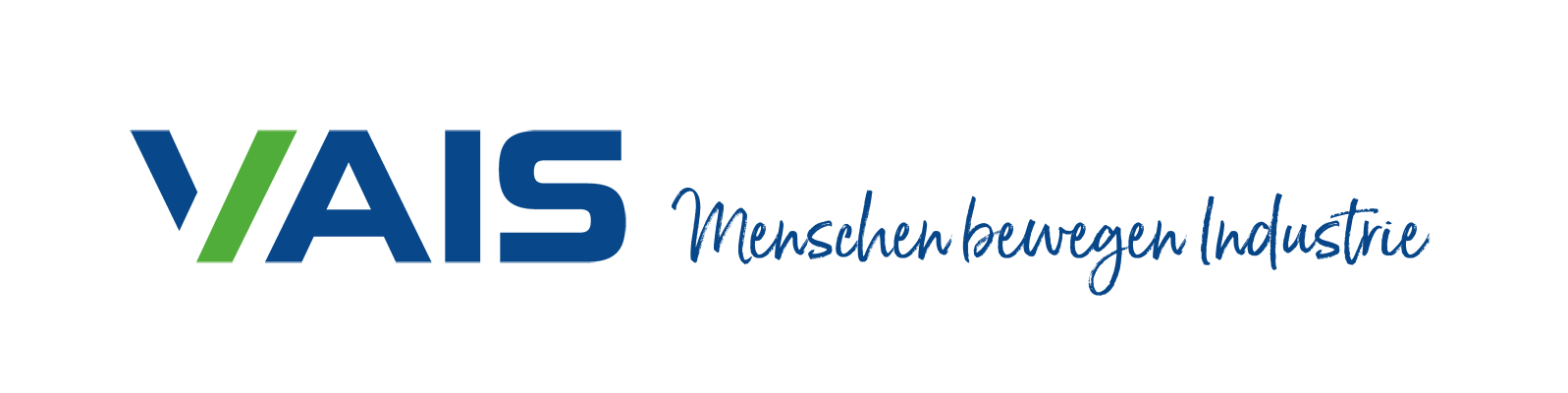 VAIS logo with Menschen bewegen Industrie in blue handwritten script on a light background, highlighting Messen & Veranstaltungen über industrielle Schraubsysteme.
